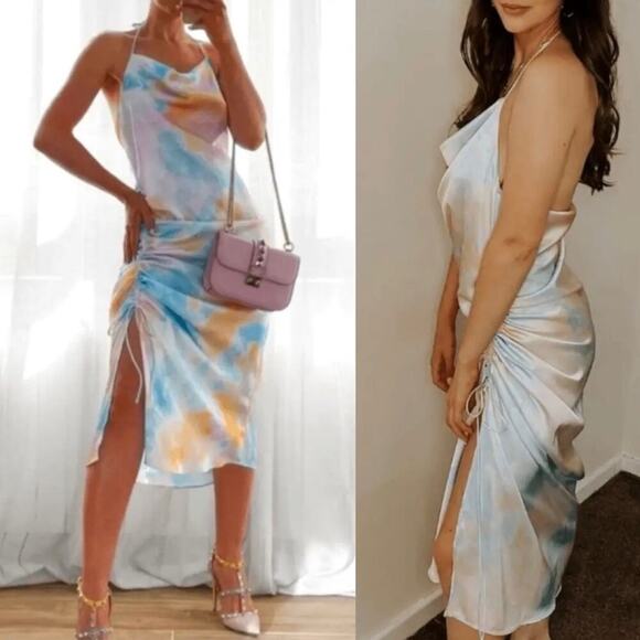 Zara pastel tie dye satin rainbow ruched ruched midi dress blogger size XS - Picture 2 of 11